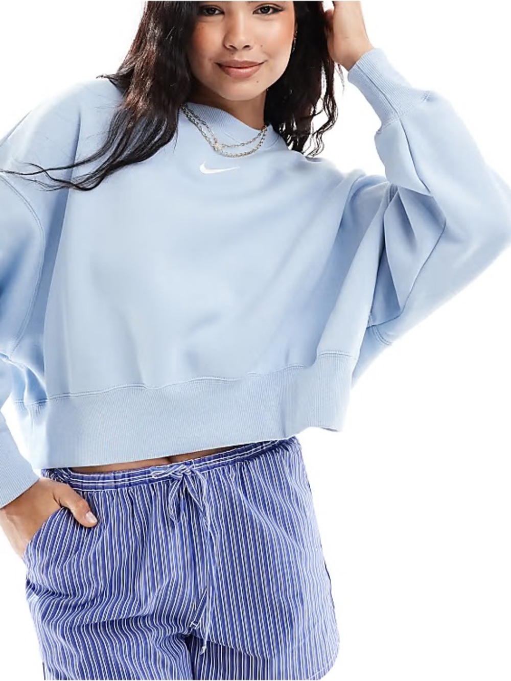 Nike Light Blue Cropped Crew Sweatshirt with White Swoosh - Picture 2 of 10